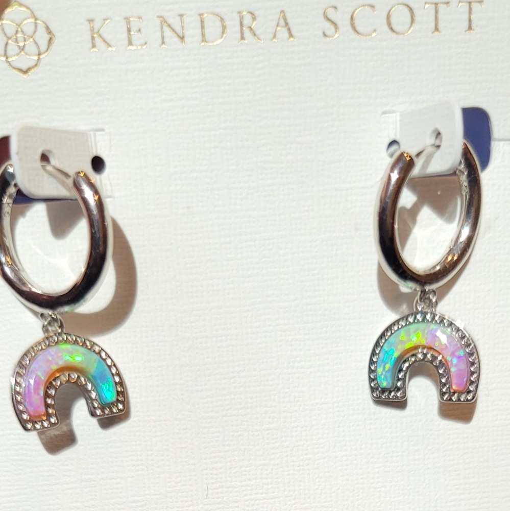 NWT Kendra Scott Rainbow Kyocera Opal Huggie Earrings in Silver Pastel